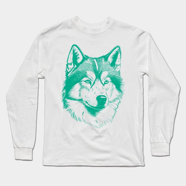 Alaskan Malamute dog minimalist art drawing in turquoise green Long Sleeve T-Shirt by Danielleroyer